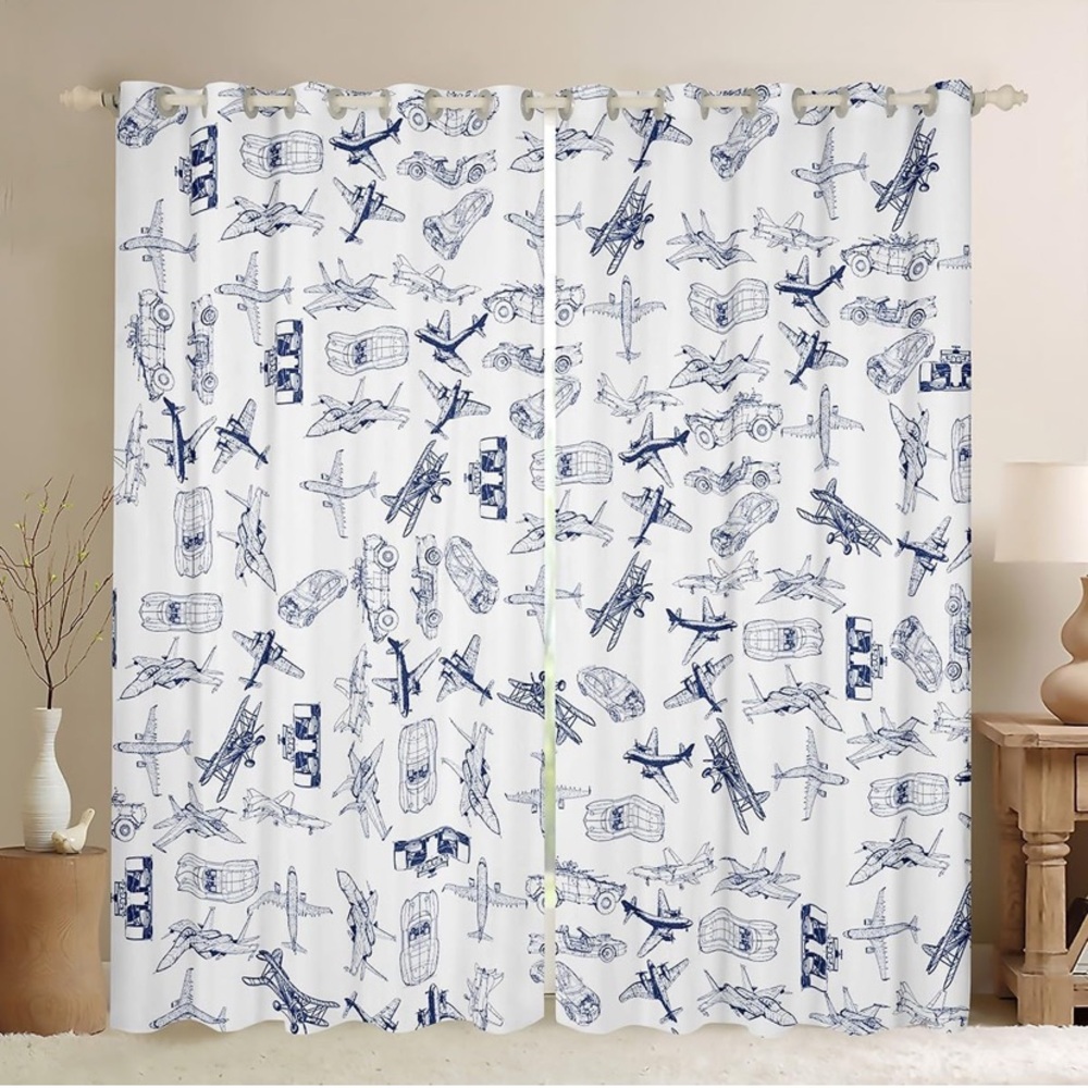 2  Panel Vintage Airplane Blueprint Curtain Panels 38” X 54”